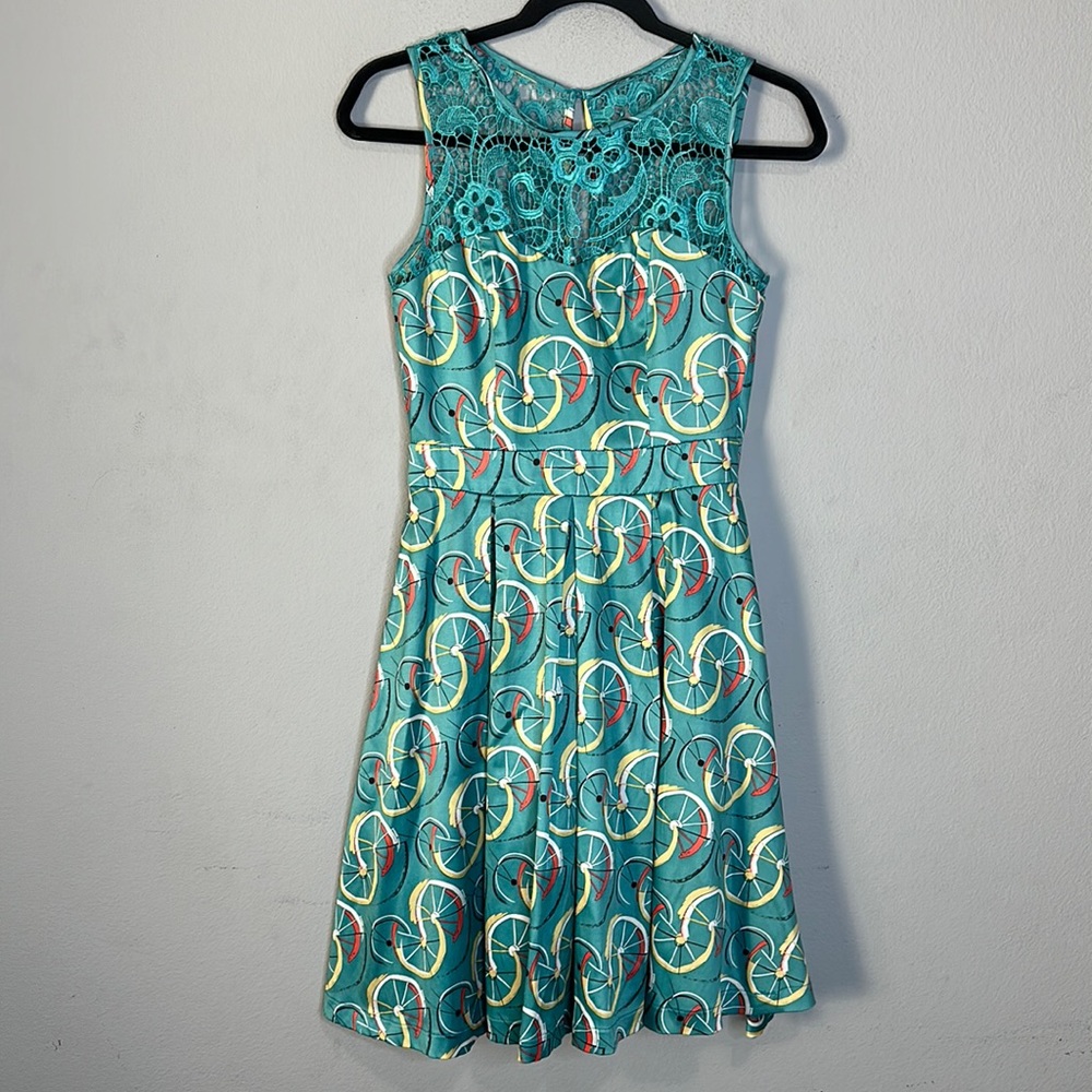 Tatyana Bettie Page Bicycle teal blue swing skirt retro Dress S